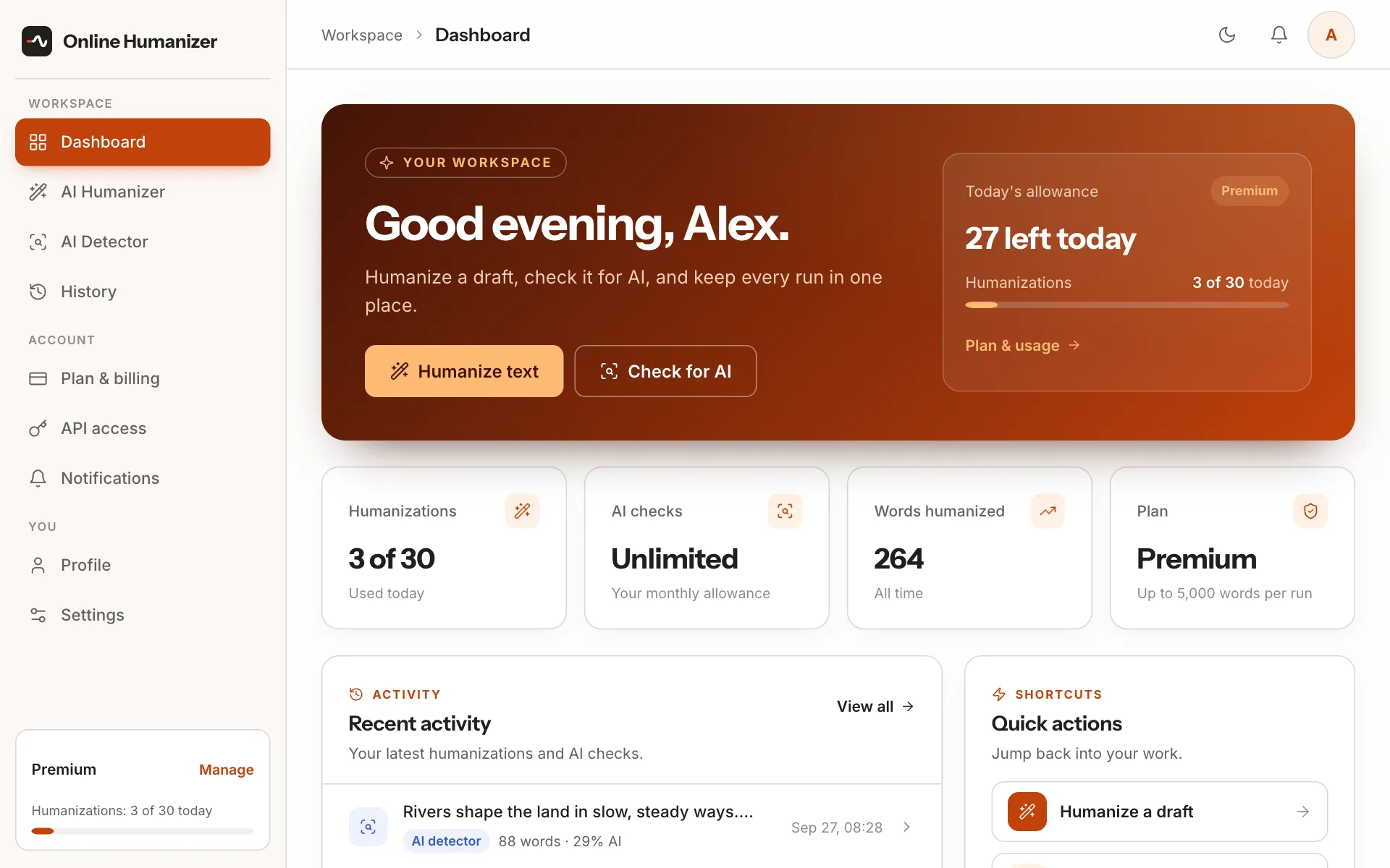 The Online Humanizer workspace: dashboard with today's allowance, usage cards, recent activity and quick actions